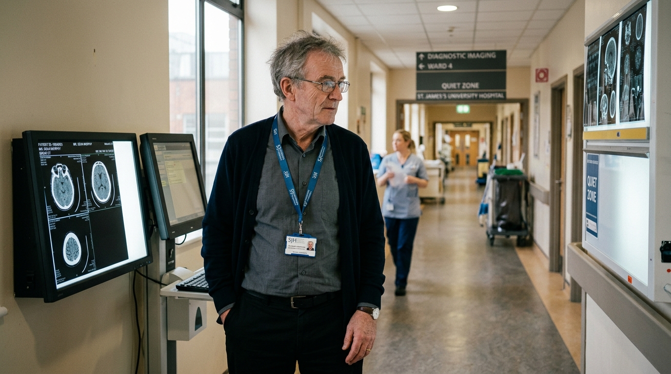 Senior Irish medical consultant in a Dublin university hospital corridor