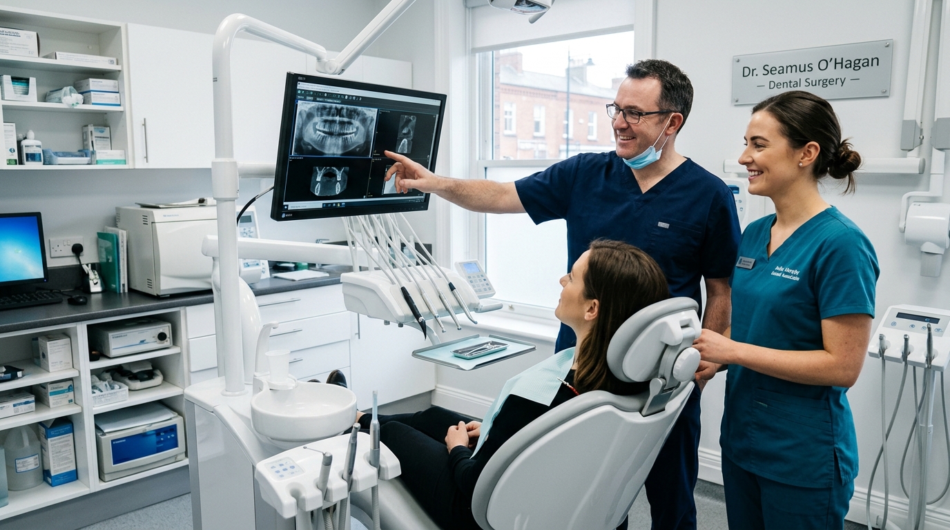 Irish dental surgeon and clinical associate reviewing OPG X-ray in a Dublin clinic