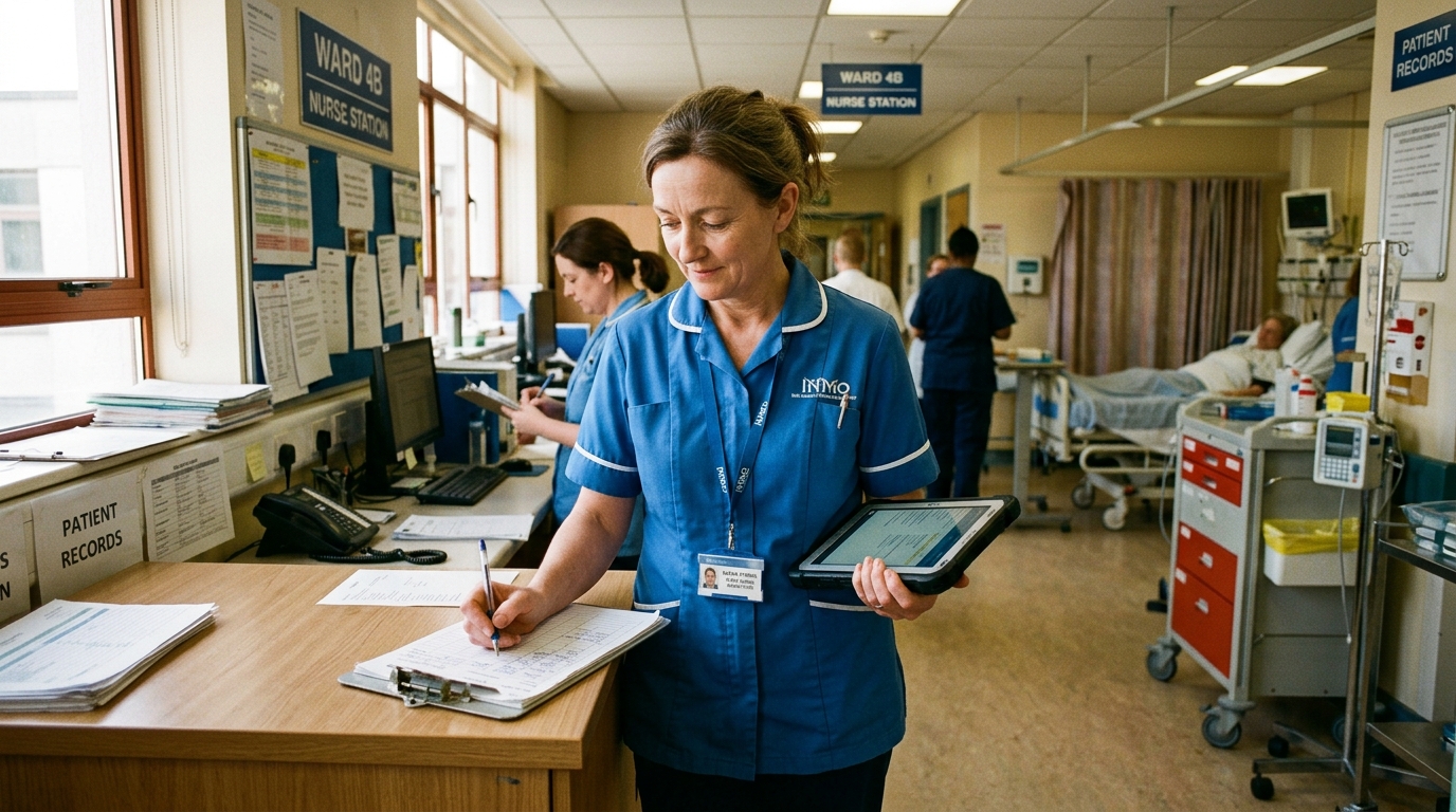 Irish hospital agency nurse at a hospital ward station