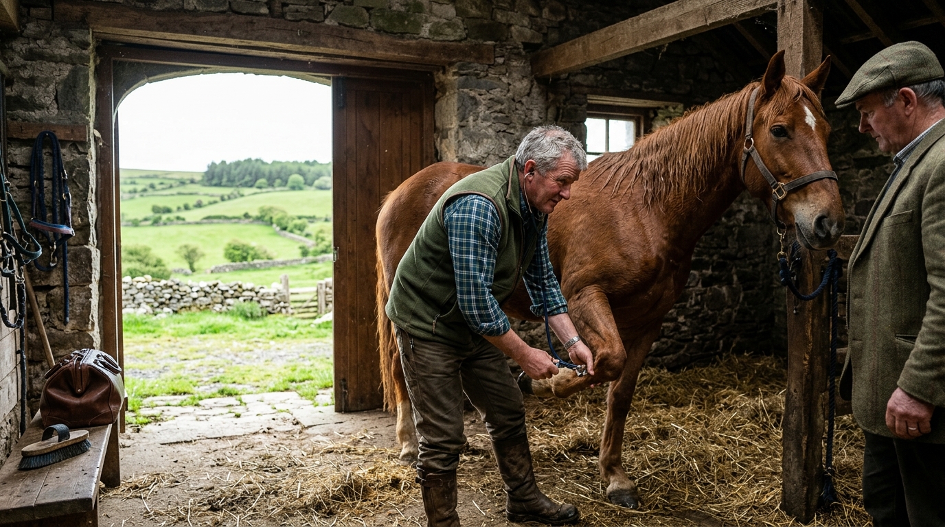 Irish veterinary surgeon with an Irish sports horse at a stone stable in the Irish countryside